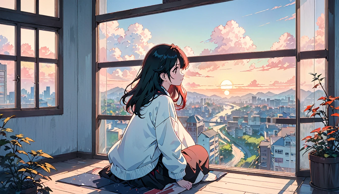 anime girl sitting on floor looking out window at city, anime aesthetic, anime vibes, Lofi Artstyle, Low-fi portrait by the wall, Watching the sunset. anime, Lofty Girl, anime art wallpaper 4 k, anime art wallpaper 4k, anime art wallpaper 8 k, anime background art, Lofi Color, Lofi Art, anime asthetic
