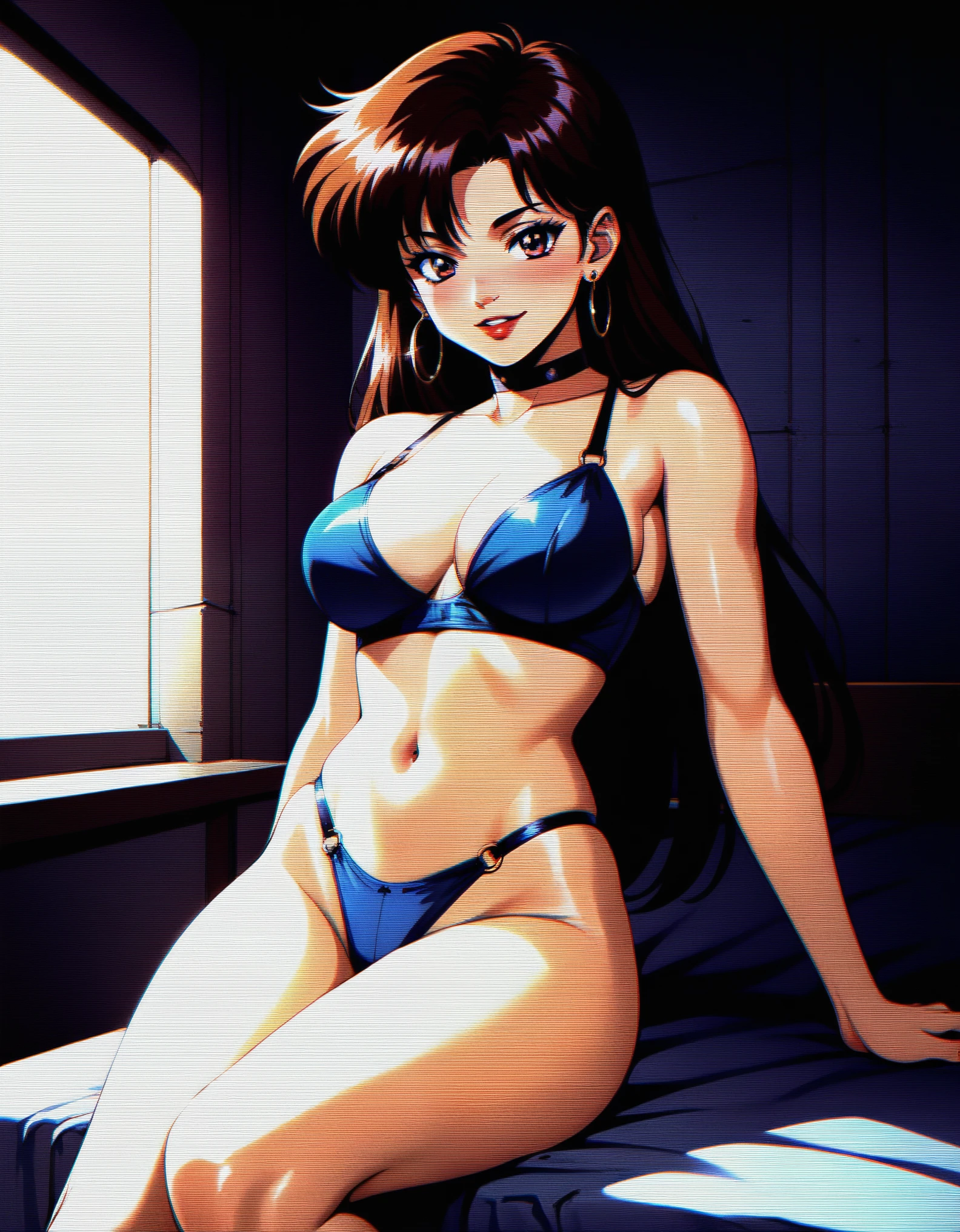 retro anime, scanlines, 1990, solo, 1girl, chromatic aberration, looking at viewer, sitting