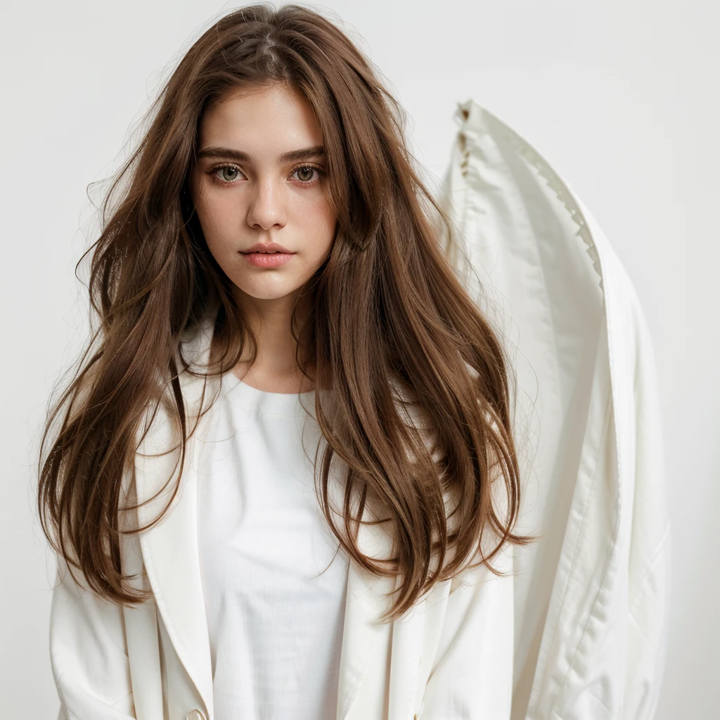 half-length shot, A woman in a white blazer, White dress, Long brown hair, Subtle monochrome tone style, Shiny/Glossy solid color, Classic preppy style, Pure white background, Unique beauty, Thin face, Business pictures