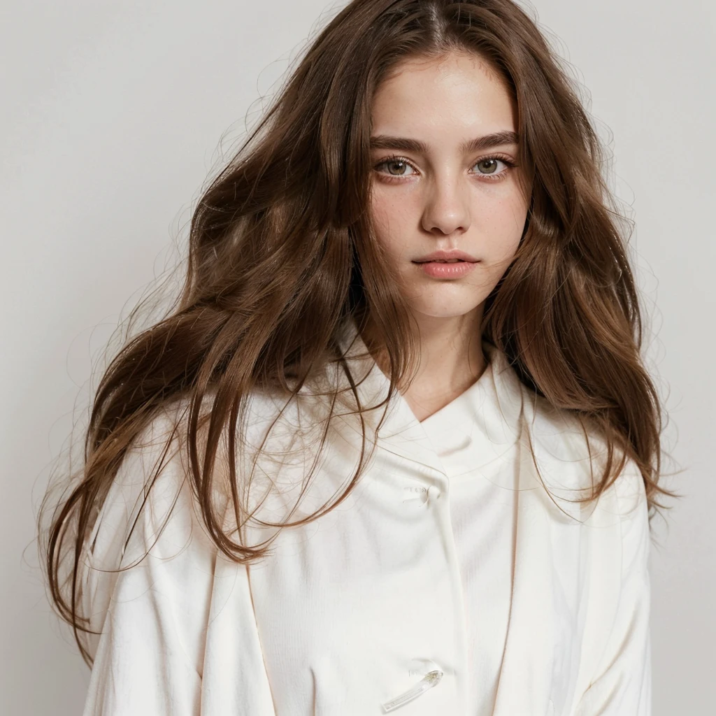 half-length shot, A woman in a white blazer, White dress, Long brown hair, Subtle monochrome tone style, Shiny/Glossy solid color, Classic preppy style, Pure white background, Unique beauty, Thin face, Business pictures