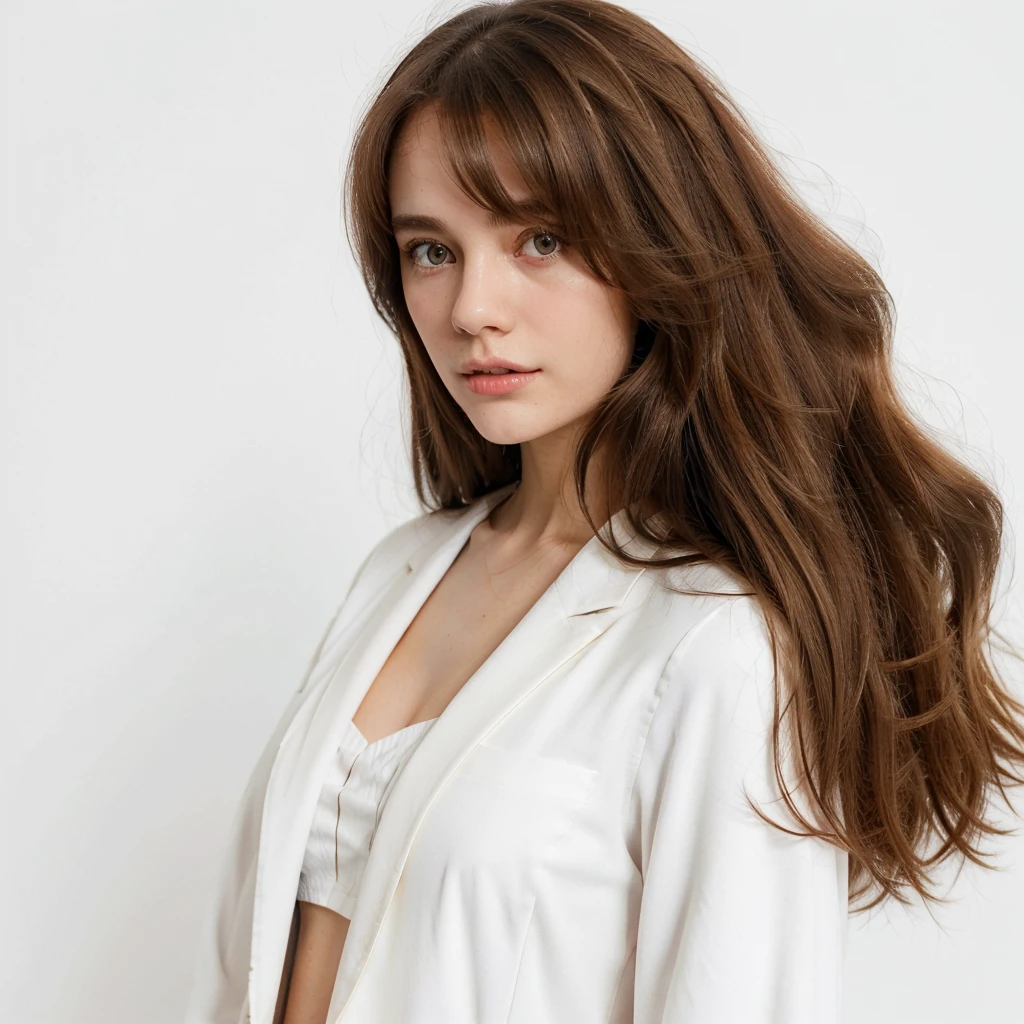 half-length shot, A woman in a white blazer, White dress, Long brown hair, Subtle monochrome tone style, Shiny/Glossy solid color, Classic preppy style, Pure white background, Unique beauty, Thin face, Business pictures