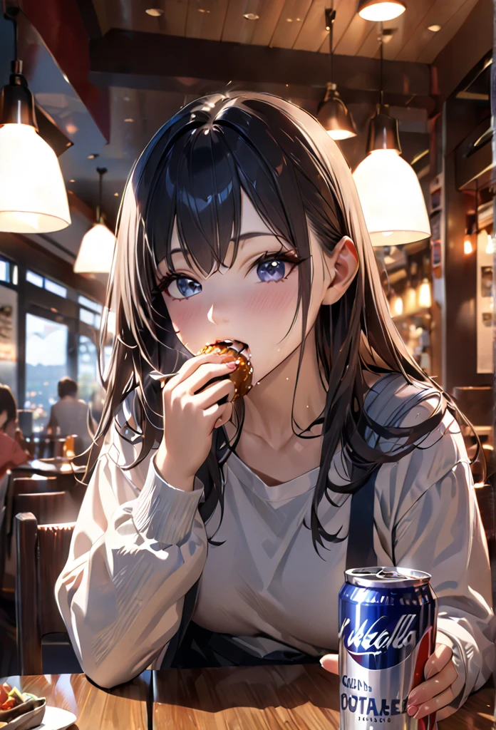 Best Quality, Masterpiece, ultra high resolution, (photorealistic: 1.4), raw photo, 1 girl eating, restaurant, cinematic lighting, can't stop eating, Stomach swollen, full