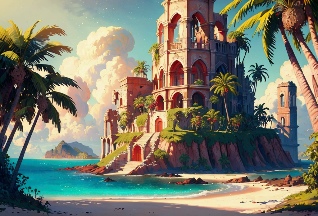 rafed, an oil painting of an (island of mystery: 1.3), an island of enigma, an island of secrecy, there some palm trees, white and red sand, some mist surrounds the island, it is the time between the night an day, the sun is in the horizon and some stars are still in the sky, the ruins of ancient tower are visible, veins crawling on it, dynamic angle, Ultra-high resolution, High Contrast, (masterpiece:1.5), highest quality, Best aesthetics), 16K fantasy art, best details, best quality, highres, ultra wide angle, 16k, [ultra detailed], masterpiece, best quality, (extremely detailed), 