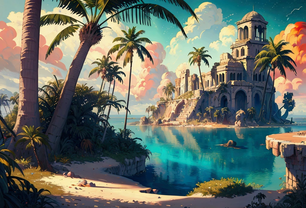 rafed, an oil painting of an island of mystery, an island of enigma, an island of secrecy, there some palm trees, white and red sand, some mist surrounds the island, it is the time between the night an day, the sun is in the horizon and some stars are still in the sky, the ruins of ancient tower are visible, veins crawling on it, dynamic angle, Ultra-high resolution, High Contrast, (masterpiece:1.5), highest quality, Best aesthetics), 16K fantasy art, best details, best quality, highres, ultra wide angle, 16k, [ultra detailed], masterpiece, best quality, (extremely detailed), 