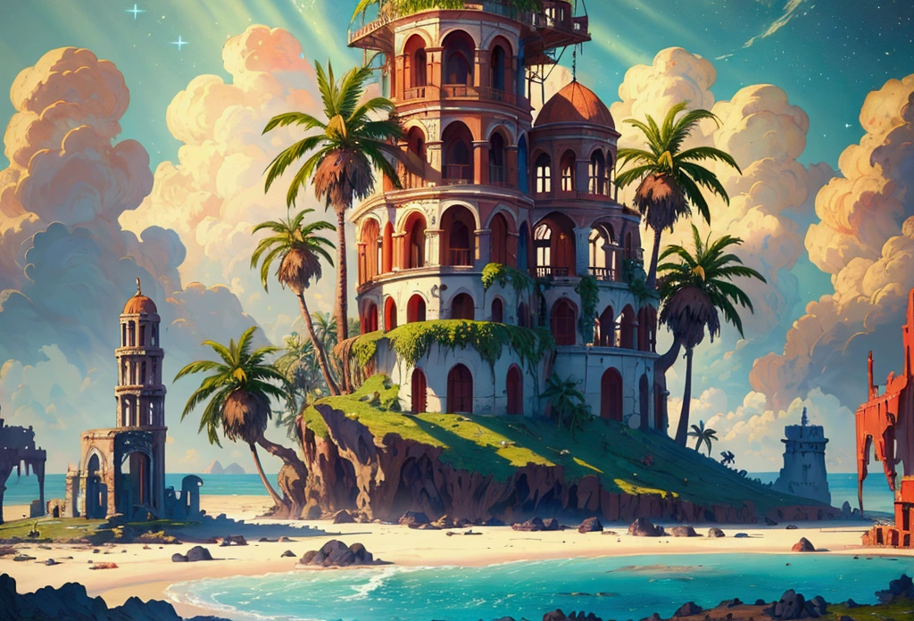 rafed, an oil painting of an (island of mystery: 1.3), an island of enigma, an island of secrecy, there some palm trees, white and red sand, some mist surrounds the island, it is the time between the night an day, the sun is in the horizon and some stars are still in the sky, the ruins of ancient tower are visible, veins crawling on it, dynamic angle, Ultra-high resolution, High Contrast, (masterpiece:1.5), highest quality, Best aesthetics), 16K fantasy art, best details, best quality, highres, ultra wide angle, 16k, [ultra detailed], masterpiece, best quality, (extremely detailed), 