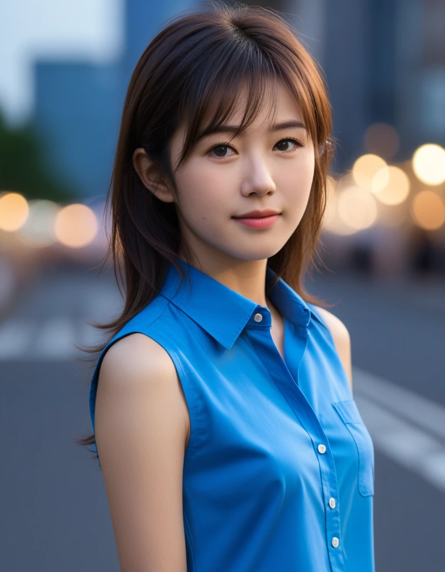 Miss,Japanese,Blue shirt,sleeveless,Realistic details, high resolution,Bokeh,Outstanding details