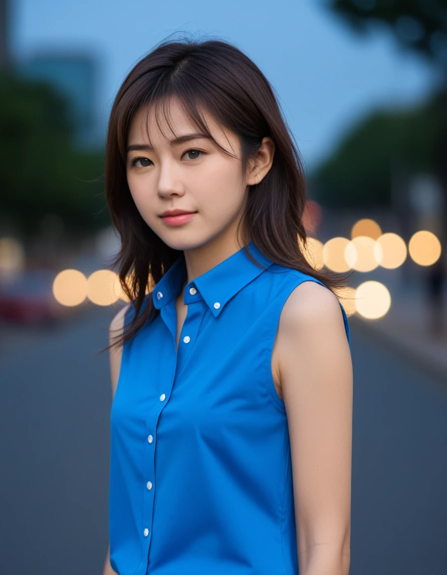 Miss,Japanese,Blue shirt,sleeveless,Realistic details, high resolution,Bokeh,Outstanding details