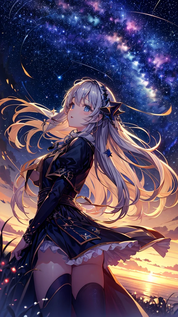 ((masterpiece))、((Highest quality))、((Realistic feel))、((Starry Sky:1.6))、Pitch Black、Moonlight shines、Immersion、Cool blue shade、１People Girls、Transparent to the costume、Delicate princess dresses、silver star、Shine、Detailed decoration、Looking up at the distant sky、Stretch out your arms、Get excited、Optical rotation、The sky is high、Dim and dim、High Contrast、Super beautiful graphics