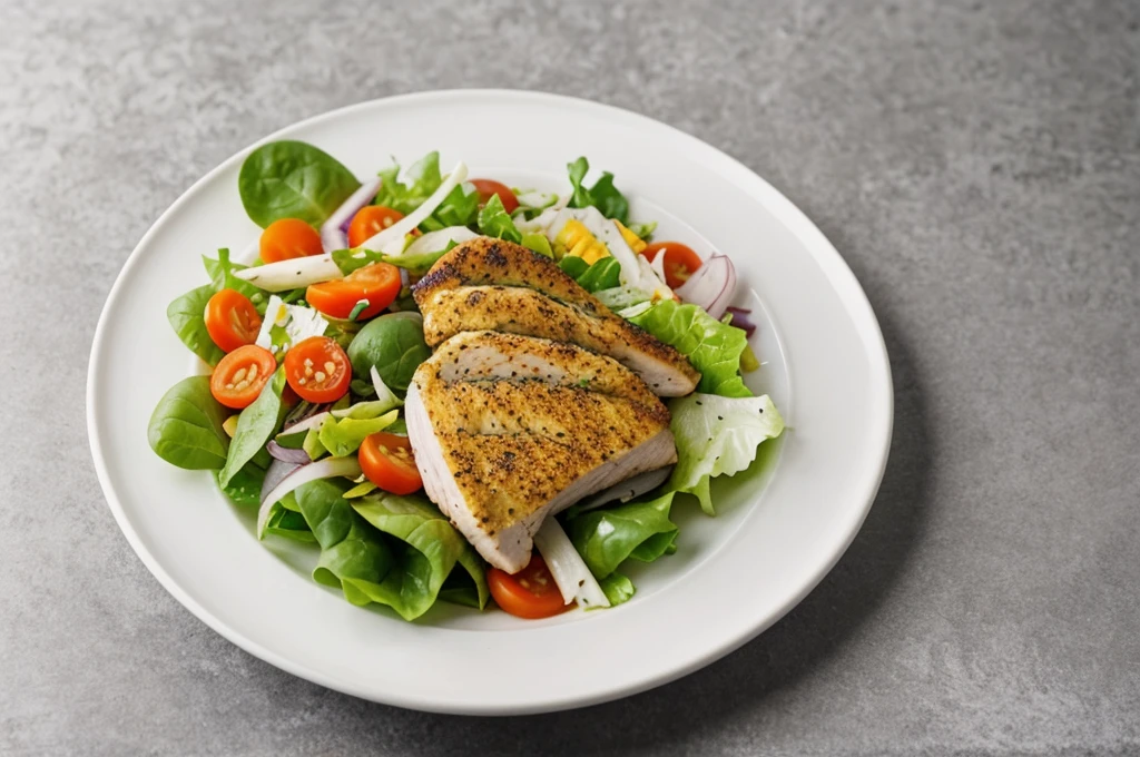 there is a plate of food with chicken, vegetables and lettuce, best on adobe stock, on clear background, background is white, salad, the background is white, high quality food photography, high quality product image”, on a gray background, plain background, high quality image, shutterstock, on grey background, high quality photos, white bg, transparent background