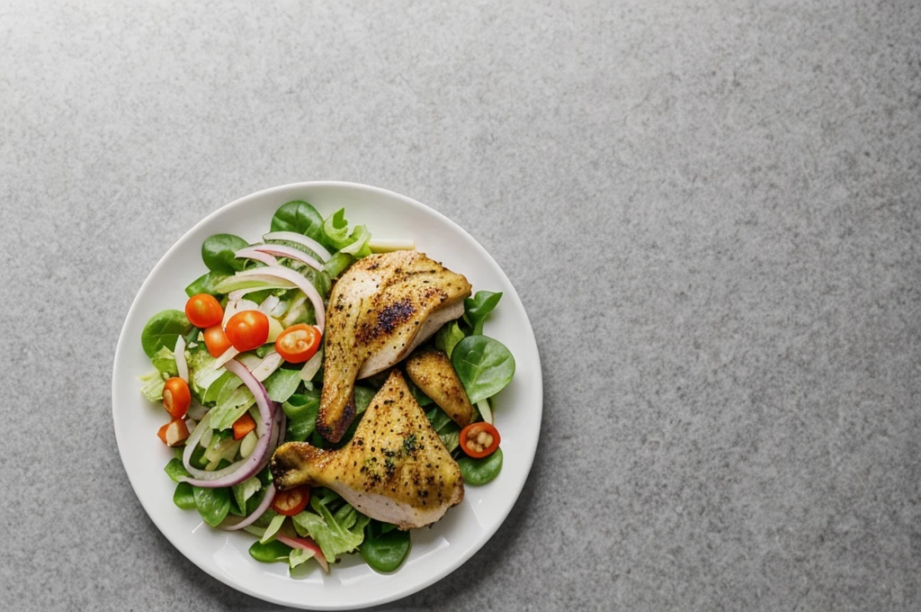 there is a plate of food with chicken, vegetables and lettuce, best on adobe stock, on clear background, background is white, salad, the background is white, high quality food photography, high quality product image”, on a gray background, plain background, high quality image, shutterstock, on grey background, high quality photos, white bg, transparent background