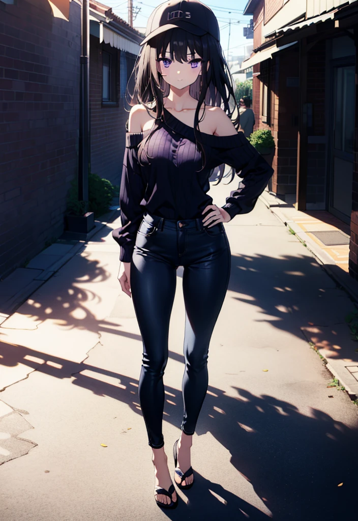 Takiuchikami, Long Hair, bangs, Black Hair, (Purple eyes:1.2),Baseball hats,Blue one-shoulder sweater,Skinny jeans,Stiletto heels,Place one hand on hip,Are standing,whole bodyがイラストに入るように,Daytime,
break outdoors, Building district,
break looking at viewer, whole body,
break (masterpiece:1.2), Highest quality, High resolution, unity 8k wallpaper, (figure:0.8), (Beautiful attention to detail:1.6), Highly detailed face, Perfect lighting, Highly detailed CG, (Perfect hands, Perfect Anatomy),