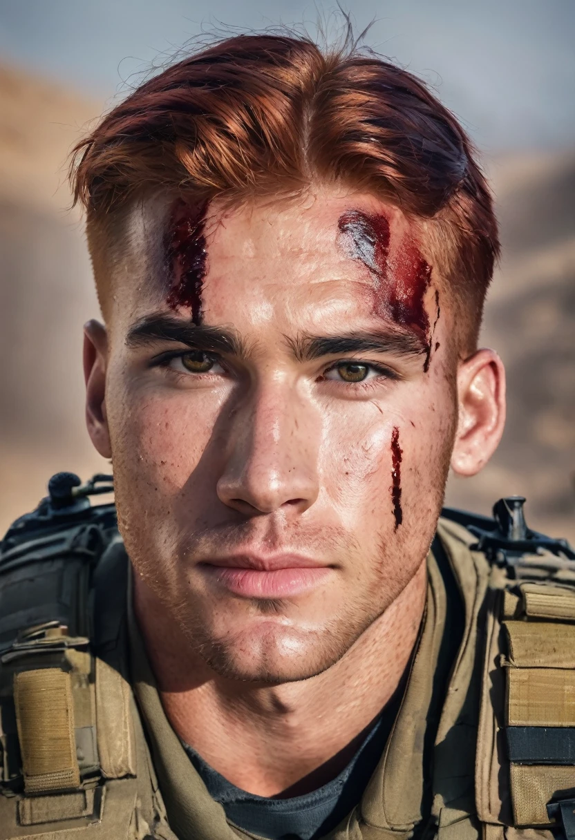 A handsome american male soldier with brown eyes and crimson red hair, he wears a navy seals outfit with blood on his face, warzone background, call of duty