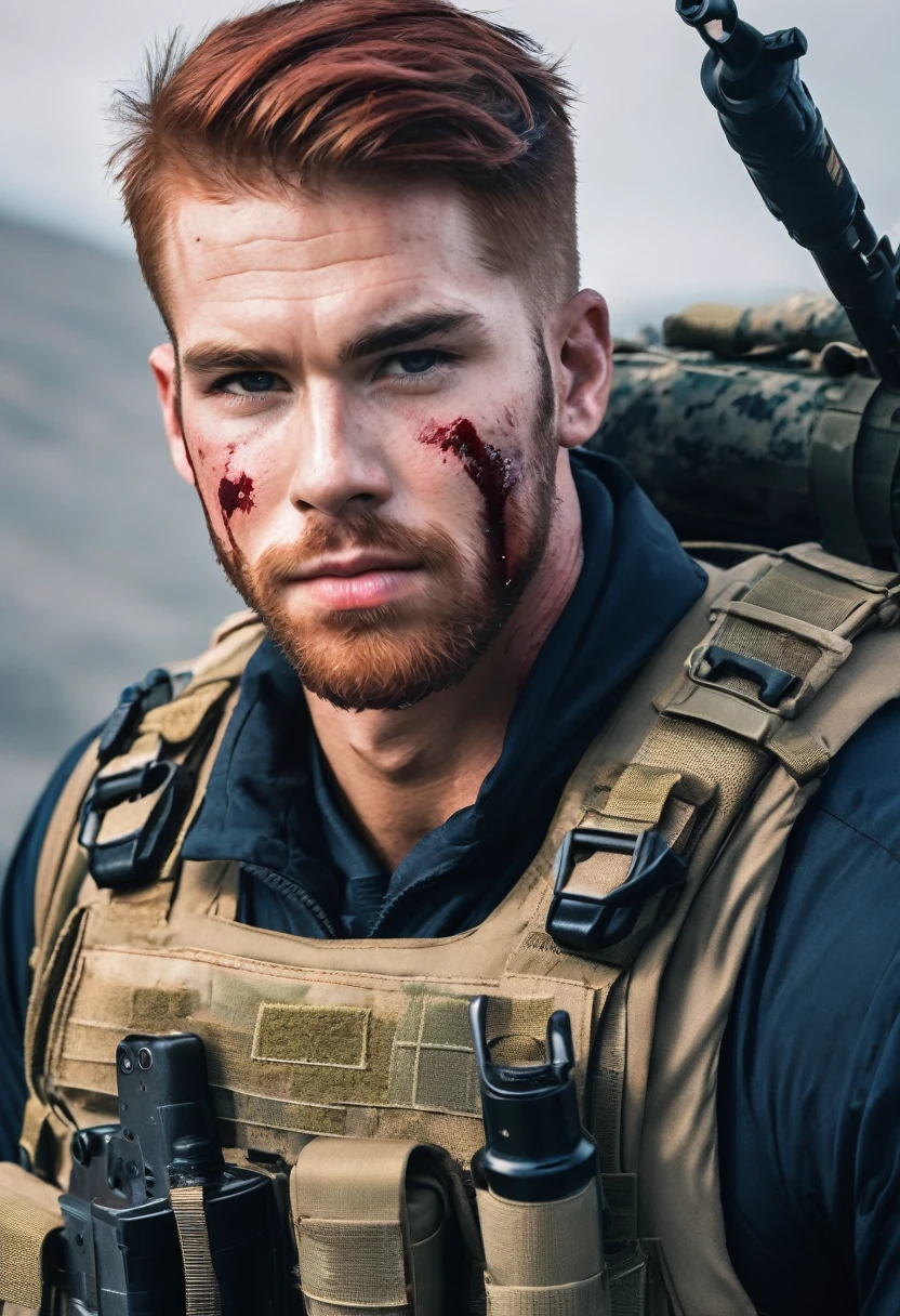 A handsome american male soldier with brown eyes and crimson red hair, he wears a navy seals outfit with blood on his face, warzone background, call of duty