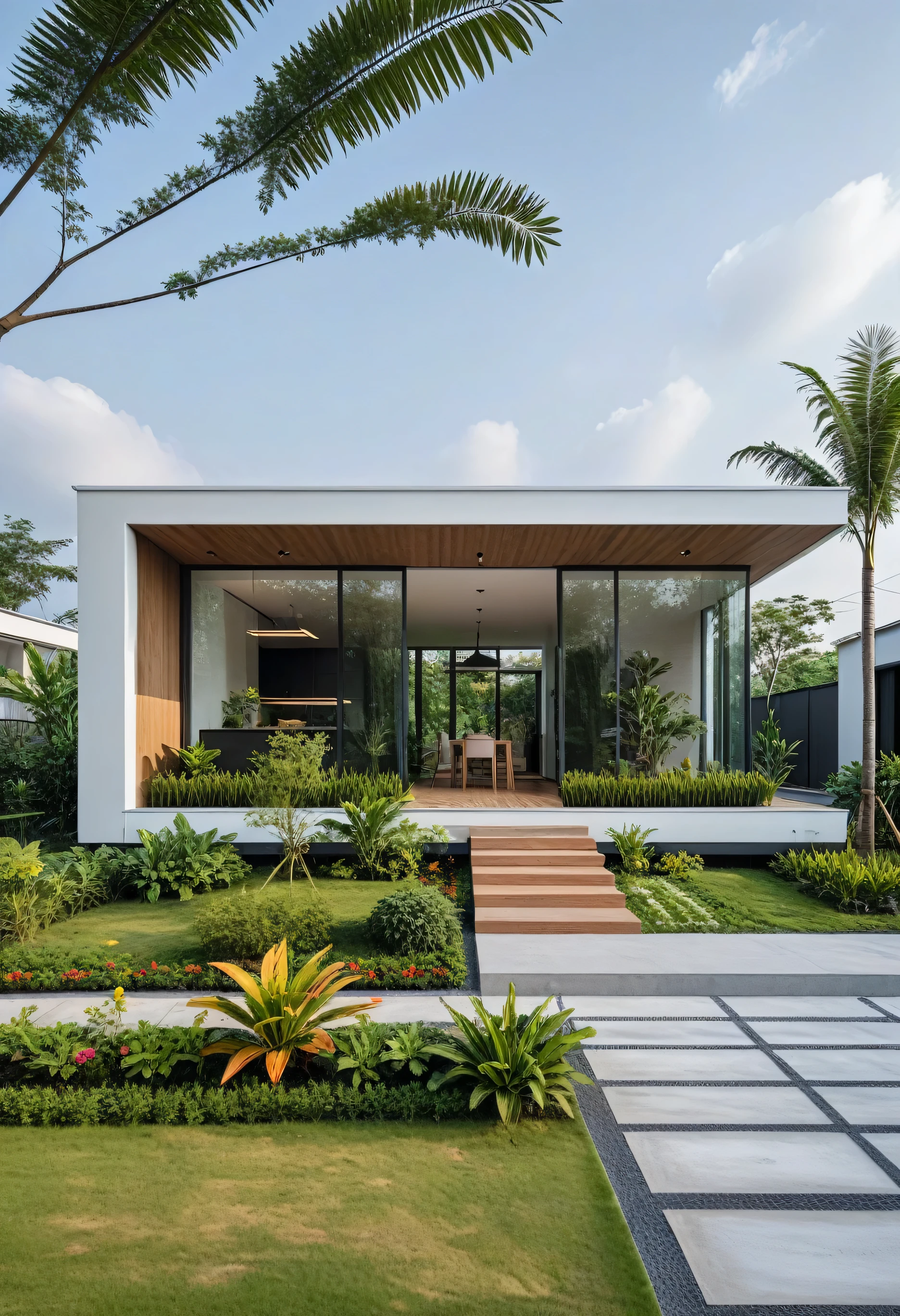 A hyper-realistic , a modern one-story house with a minimalist design, (very small house: 1.2) ,((with a facade less than 4 meters wide:1.2)), white and glass materials, wood, The house has a flat roof, large floor-to-ceiling glass windows, The garden includes various tropical plants and trees. (house as the showroom mini furniture:1.2), front view, elevation view