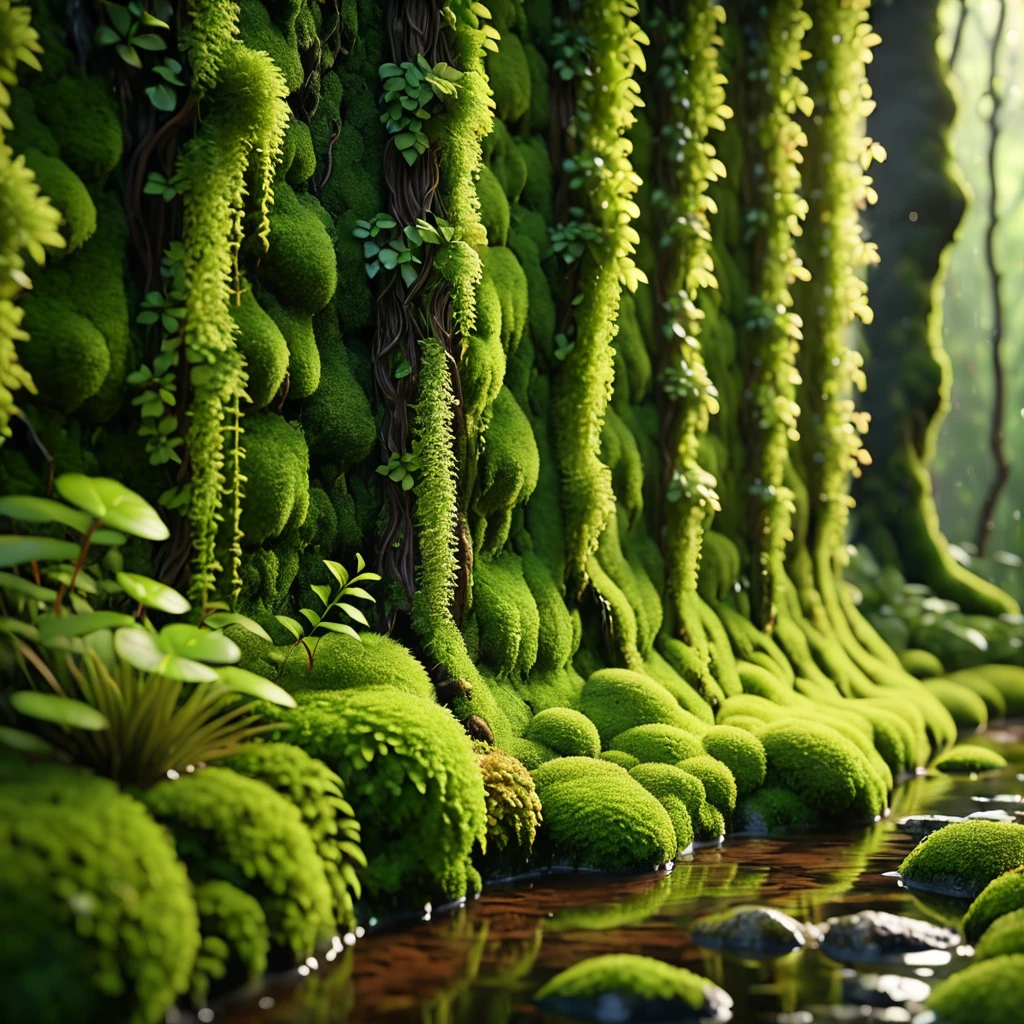 ultrarealistic moss wall, vivid and solid, highly detailed, 4k, hyper realistic, extremely detailed, photorealistic, lush and dense moss, vines, natural textures, wet and glossy, ambient lighting, warm color tones, depth of field, studio lighting, high quality, cinematic composition