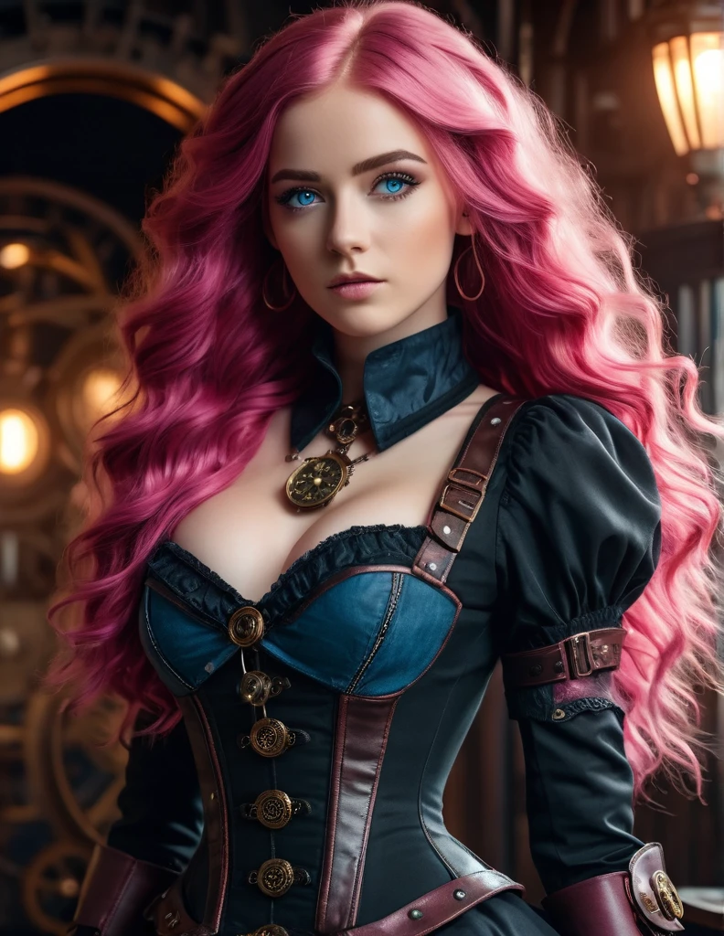 Very attractive 25 year old female with long wavy bright pink hair, Masterpiece Best Quality, ultra high resolution, 4K detaillierte CG, strahlende Augen, Steampunk, with black splitoff Meshdress wearing Boots,full body view,cinematic photorealistic, 8k uhd natural lighting, raw, rich, intricate details, key visual, atmospheric lighting, 35mm photograph, film, professional, 4k, highly detailed . 35mm photograph, film, professional, 4k, highly detailed (small breast) blue eyes., cinematic photorealistic, 8k uhd natural lighting, raw, rich, intricate details, key visual,