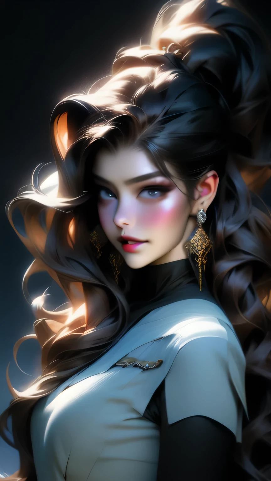 Studio Lighting,(Vibrant colors),(Soft moody lighting),(Sharp Focus), stunning face, confident and provocative smile,Mysterious atmosphere,Dark cave background, Big Tits, Decorative equipment,Fierce and powerful stance,Shining Jewelry,Dramatic lighting to accentuate facial features,Subtle makeup,Nighttime Settings,Faint moonlight shining in the background illuminates the scene.､masterpiece, 最high quality, high quality, High resolution, ((Pause＿random))､((Upper body portrait))), Upper body portrait, Dark cave background,black garter set､