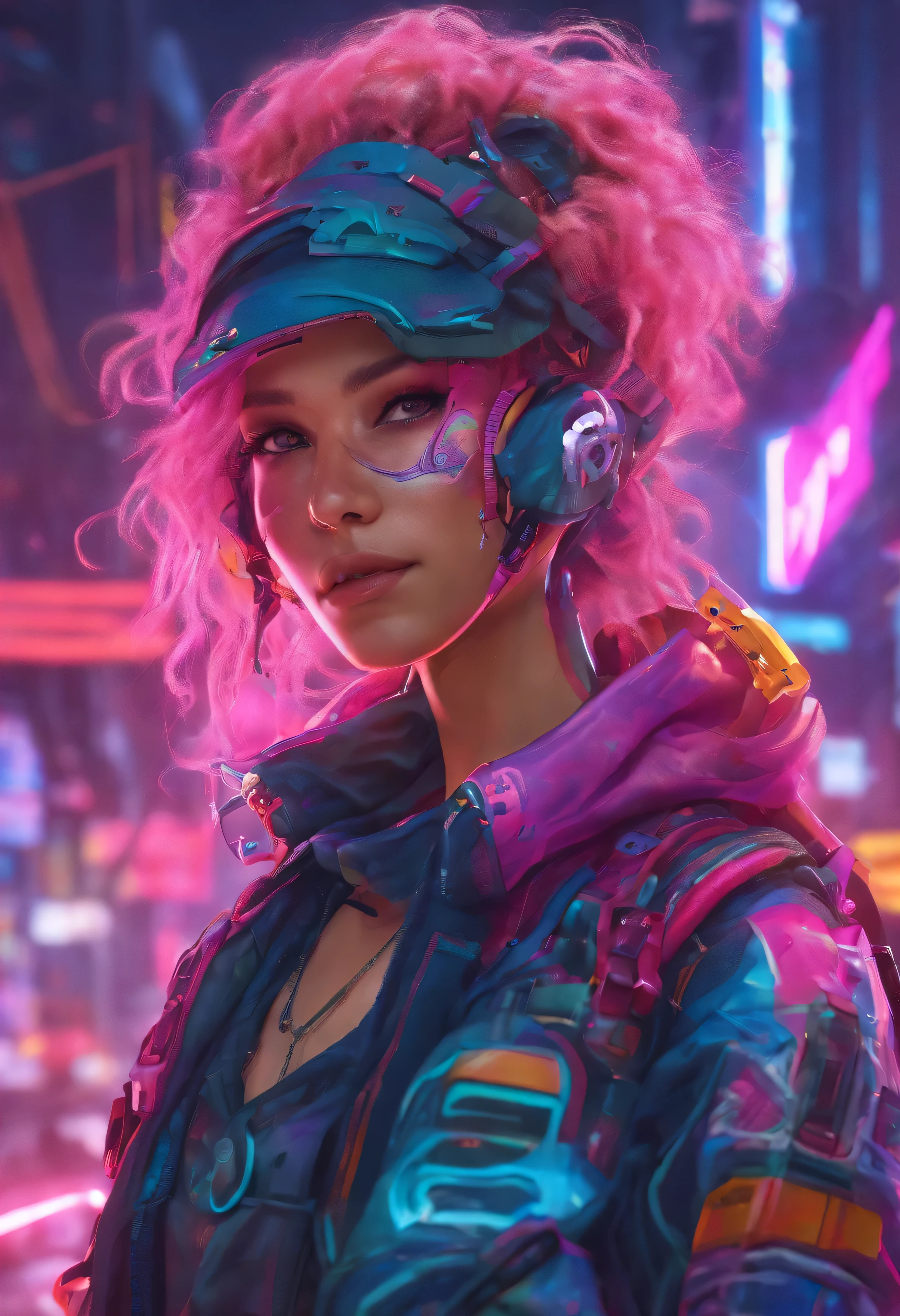 Young teen girl with medium-long pale pink hair (spongy), Great light brown color, red cheeks wearing a black t-shirt inside a black and pink skirt, white socks, purple shoes with black gloves, a black visor on the head; in a futuristic world holding a gun (wonderful body: 1.2), (whole body: 1.2), (Dynamic Stance :1.2), neon glow, (detailed cybernetic eyes:1.1), foreground (hyperrealistic:1.2), RPG, cyberpunk 2077 style, dramatic lighting, (Highly detailed futuristic cityscape:1.2), (Science-Fiction: 1.2). 1.2), professional portrait photography, by Wlop Greg Rutkowski Jeffrey Simpson Alphonse Mucha