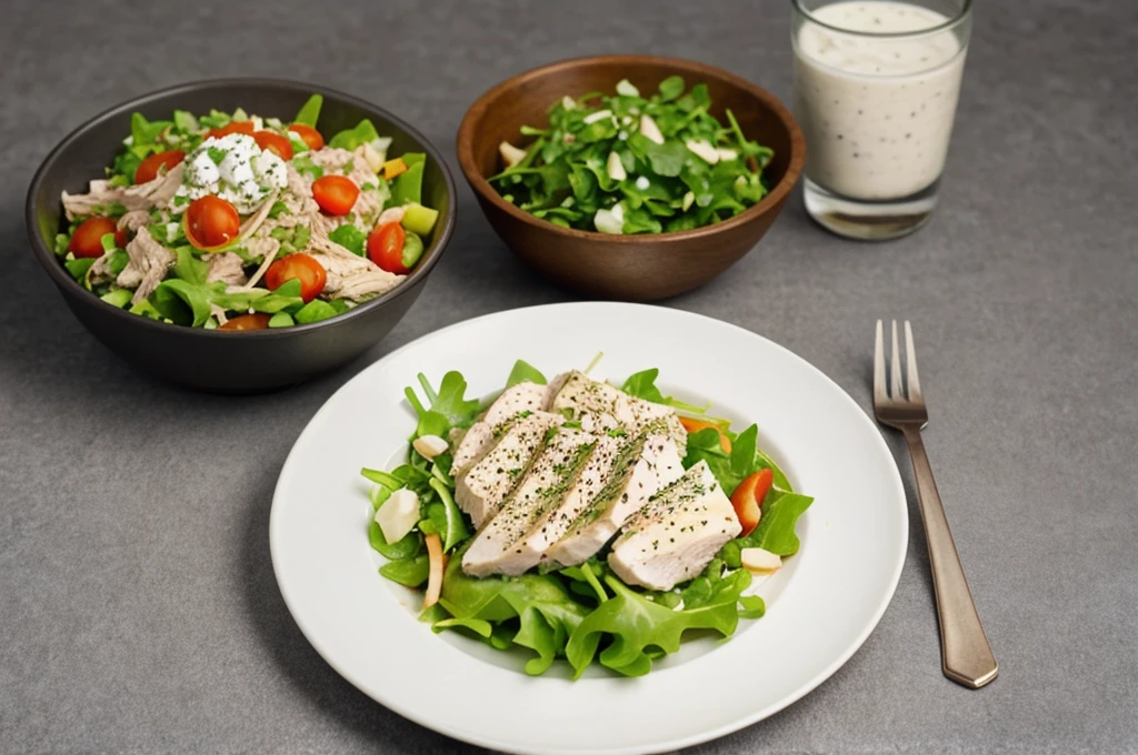a close up of a plate of food on a table, a stock photo, shutterstock, on a gray background, salad, chicken, bowl