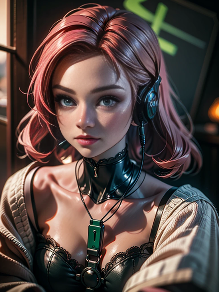 Girl model in headphones, city background, emerald green eyes, pink hair, complex parts, Aesthetic pastel colors, Background poster, art by Ilya Kuvshinov
