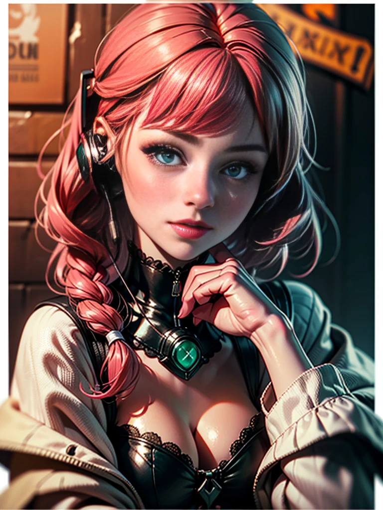 Girl model in headphones, city background, emerald green eyes, pink hair, complex parts, Aesthetic pastel colors, Background poster, art by Ilya Kuvshinov