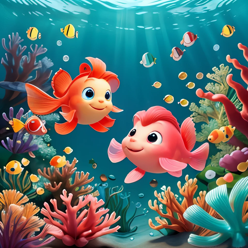 Many cute colorful fish in the sea、swim、Fish from the Little Mermaid、Cute crab、Cute sea anemone、Cute Octopus
