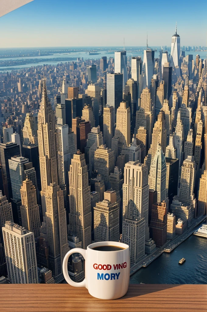 Coffee mug with New York city background with 3d letters say *good morning wishes you topradiohd*