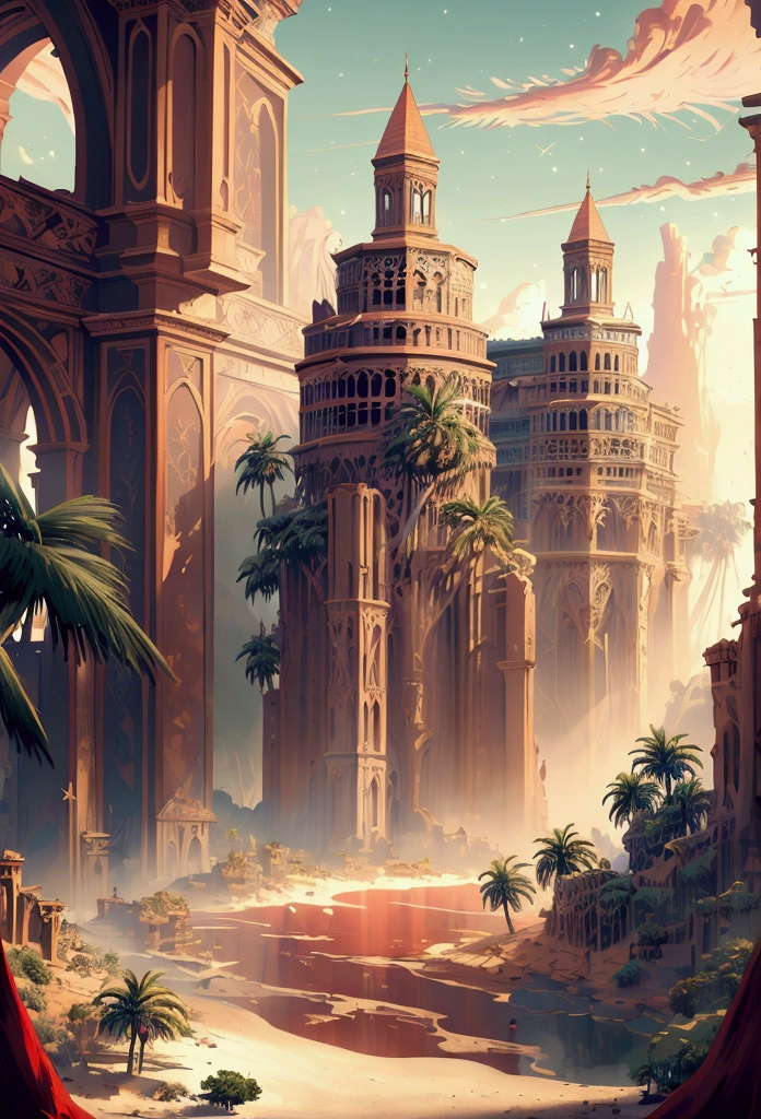 rafed, an oil painting of an island of mystery, an island of enigma, an island of secrecy, there some palm trees, white and red sand, some mist surrounds the island, it is the time between the night an day, the sun is in the horizon and some stars are still in the sky, the ruins of ancient tower are visible, veins crawling on it, dynamic angle, Ultra-high resolution, High Contrast, (masterpiece:1.5), highest quality, Best aesthetics), 16K fantasy art, best details, best quality, highres, ultra wide angle, 16k, [ultra detailed], masterpiece, best quality, (extremely detailed), 