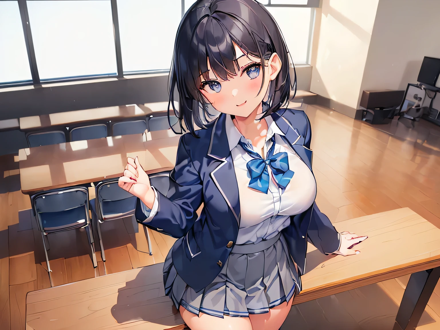 (Masterpiece, top quality, high resolution, realistic photo, realistic looking skin:1.1),
(The woman shows her panties to us in a high school club room, standing, sitting, and crouching:1.8),
(She has a provocative smiling expression:1.5),
(She is wearing a plain white collared shirt under a navy blue long-sleeved blazer of her high school uniform: 1.8),
(She is wearing a short gray pleated skirt with the high school uniform: 1.8),
(She is wearing navy blue socks: 1.8),
(She is wearing black loafers: 1.8),
(wearing white panties with a pattern: 1.5),
(She has black medium hair: 1.5),
(She has D-cup breasts: 1.5),
(She is 18 years old and has a young face:1.5),
(She is the most beautiful girl in the school: 1.5),
(The place is a high school culture club room:1.5),
1 Japanese girl, solo, full bodied esbian, beautiful eyes, shining eyes, shining thighs, NSFW