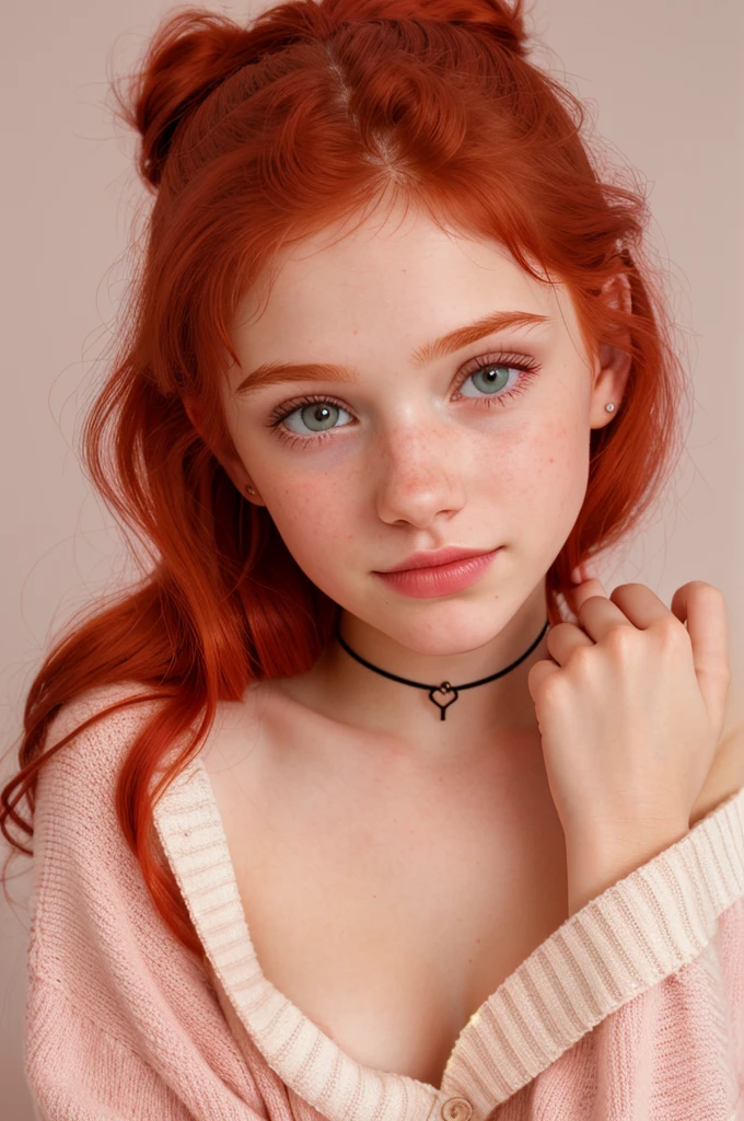 raw photo,close up, (18yo redhead girl:1.2), cheek dimples, blushing, graphic eyeliner, rouge, (lipstick:0.6), (choker:0.9), realistic skin texture, oversize knit sweater, (red:0.8), softcore, warm lighting, cosy atmosphere, instagram style, nsfw , naive, shy, short, thin, fit, beautiful, cute, pale skin
