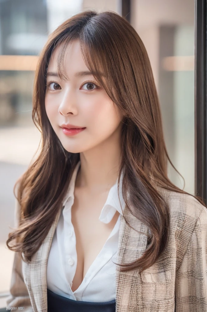 Mature Young,Office Clothes,Erotic style,very cute,whole body,Beautiful and soft skin、Perfect Face、Perfect Face,Gorgeous long brown hair,8k resolution,Ultra-realistic,Very detailed,high quality,Fashionable erotic beautiful immature woman ,(Look at the viewers)