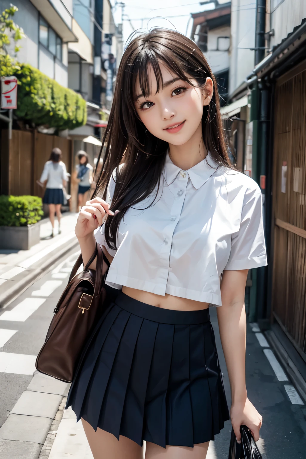 very cute and beautiful girl,(highly detailed beautiful face and eyes),(smile:1.2),blush,looking at viewer,
black hair,serafuku,(pleated navyblue mini skirt),standing,exposing thigh,holding school bag,
narrow alley in tokyo,stone wall in front of modern building,trees,shrubbery,
(best quality,masterpiece),absurdres,highres,ultra-detailed,extremely detailed,32k,8k resolution,
intricate details,cinematic scene,detailed background,solo,dynamic angle,