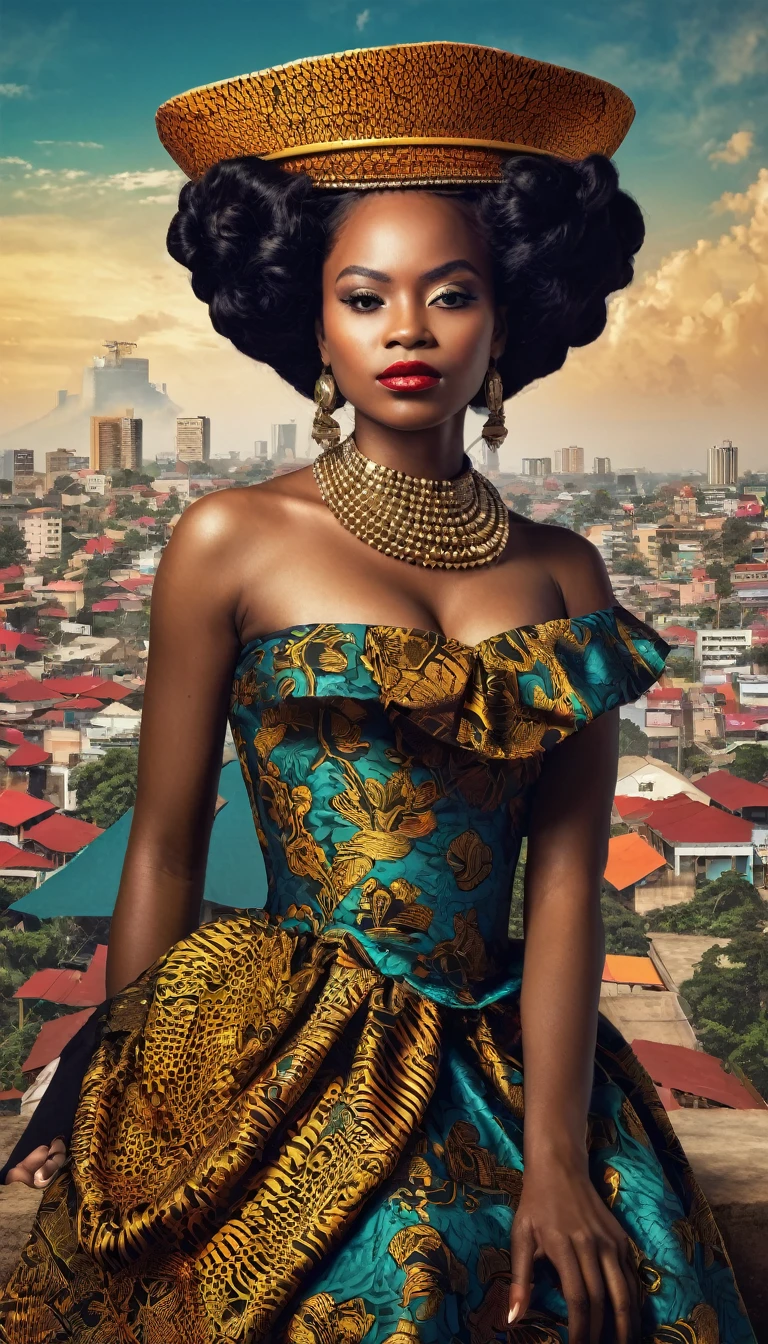 African queen with Angola city in 1600s vibes background