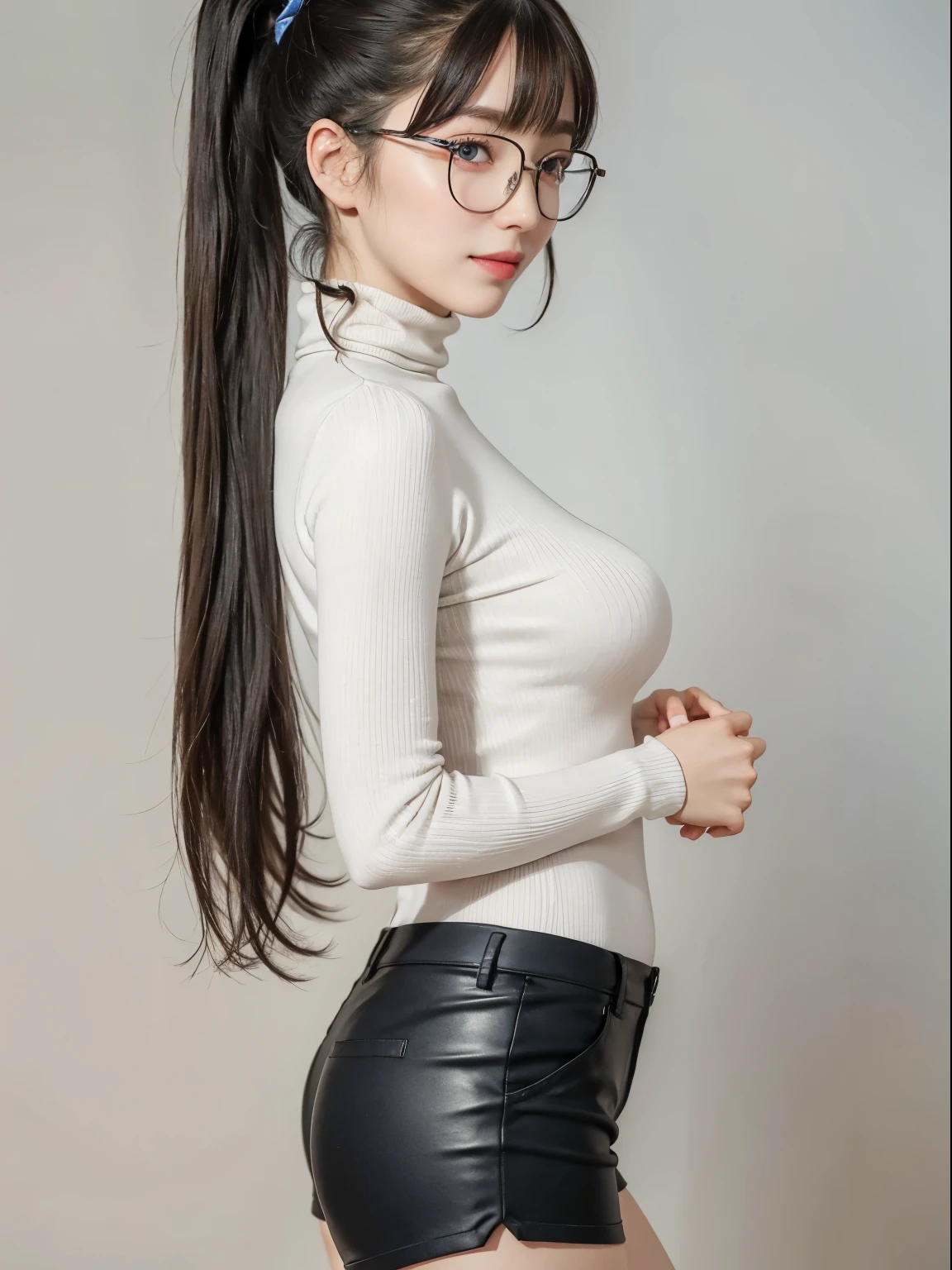 (Best quality, masterpiece, detailed), (RAW, 4k, hd images), shy, 1 girl, 17 years old, white skin, long hair, ponytail, layers hair, bangs, black hair, beautiful girl, cute girl, sweet girl, pretty girl, perfect girl, pretty eyes, blue eyes, thin lips, thin, eye line, perfect round breast, glasses(detailed frame), simple background, smile, thigh, legs, turtleneck, short pants, standing, side angle capture, half body, side breast