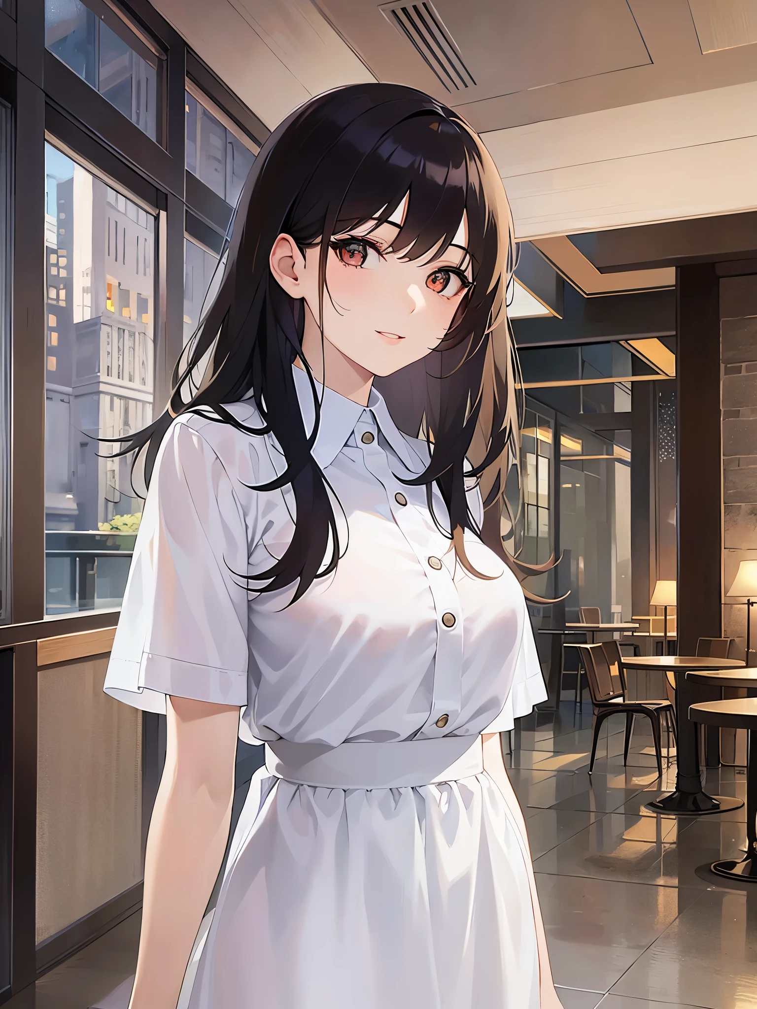 lookin at viewer,Upper Body, 
 Realistic, real person, (pale skin: 1.2), RAW photo, photorealistic, shiny skin, shiny hair、
(A 25-year-old woman with medium-length hair and bangs) and (wavy hair) and (brown hair) and (Orange Eyes)
, smile, 
She is wearing a white dress with a collar and short sleeves,The hotel lobby in the background、Alone、Are standing