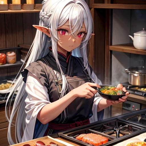 expensive、A slim, dark-skinned elf with long silver hair tied back.。
- Sharp red eyes、Always keep a calm expression。
Cooking salmon dishes deep in the mountains