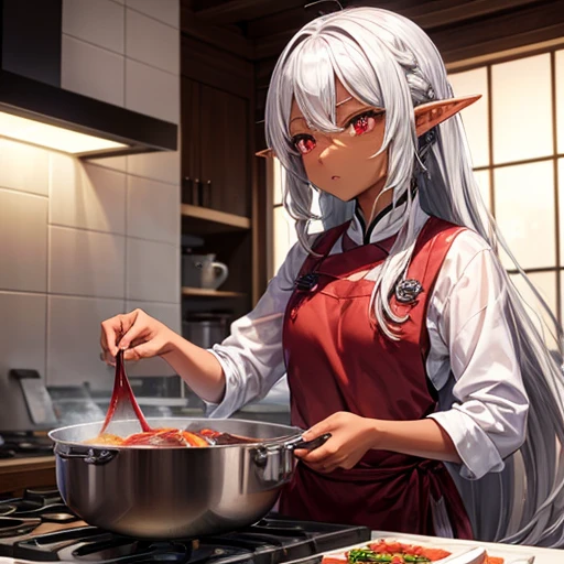 expensive、A slim, dark-skinned elf with long silver hair tied back.。
- Sharp red eyes、Always keep a calm expression。
Cooking salmon dishes deep in the mountains