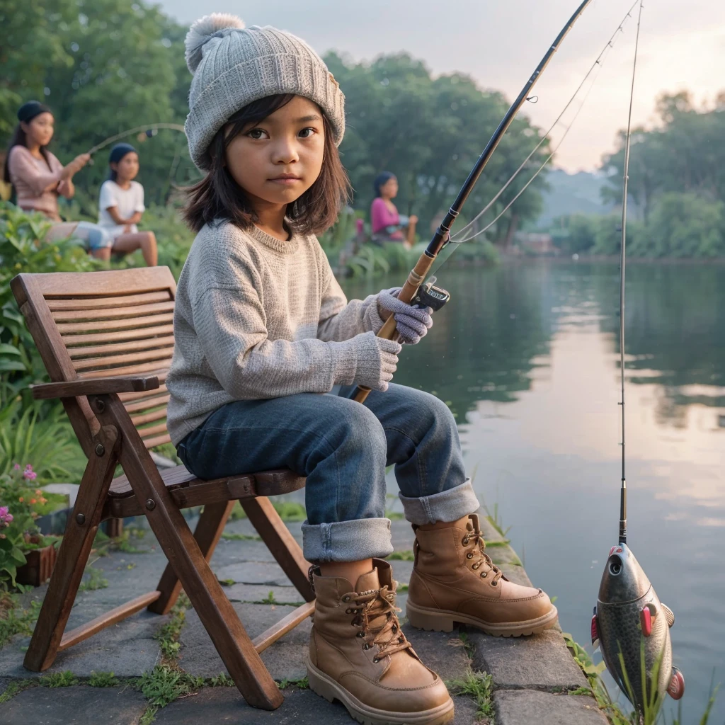 3d realistic images. 10 year old Indonesian girl wearing casual clothes, beanie, gloves, the  is sitting on a chair in the garden behind the lake, fishing pose, the  is wearing shoes and has a confident posture. The image must be realistic 48K HD quality