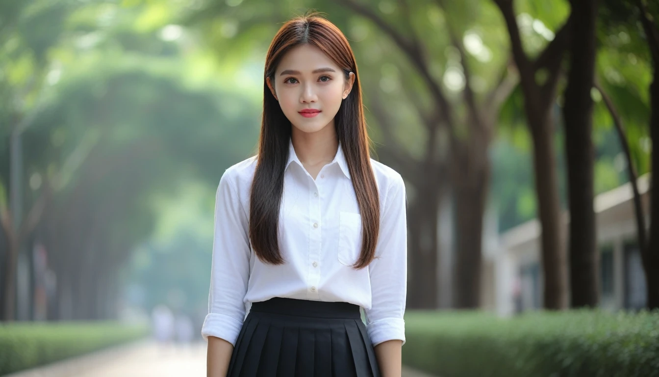 High qualityสุด, Masterpiece, Thai girl, 2 women, Beautiful face, (ภาพถ่ายที่สมTRUE:1.3), By the light, (Highly detailed skin:1.2), 8g UHD, dslr, High quality, high definition, 4K, 8ก, Bokeh, (TRUE: 1.3), small face, A cute girl, White school shirt, Long chest, Black long skirt,