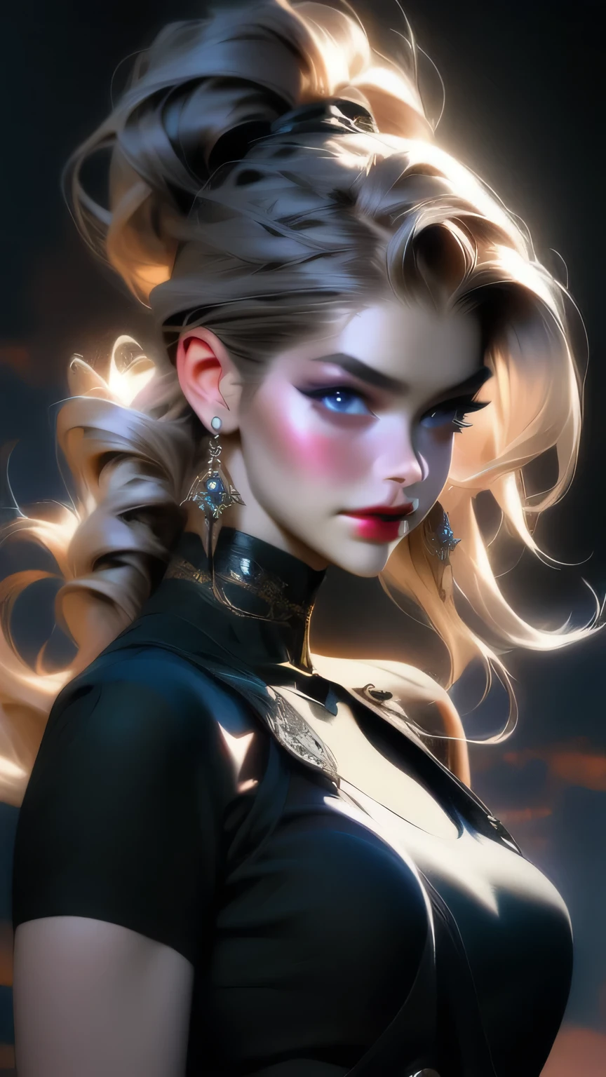 Studio Lighting,(Vibrant colors),(Soft moody lighting),(Sharp Focus), stunning face, confident and provocative smile,Mysterious atmosphere,Dark cave background, Big Tits, Decorative equipment,Fierce and powerful stance,Shining Jewelry,Dramatic lighting to accentuate facial features,Subtle makeup,Nighttime Settings,Faint moonlight shining in the background illuminates the scene.、masterpiece, 最high quality, high quality, High resolution, ((Pause_random))、((Face close-up))), Face close-up, Dark cave background,((black garter set))、
