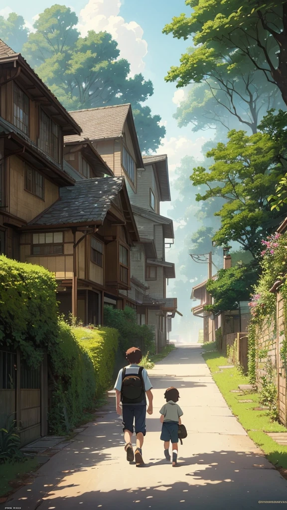 a painting of a boy walking down a path towards a house, studio ghibli & james gurney, studio ghibli artstyle, greg rutkowski studio ghibli, ghibli studio art, miyazaki's animated film, kilian eng and thomas kinkade, ghibli artstyle, studio ghibli smooth concept art, studio ghibli art style, by Miyazaki, studio ghibli concept art