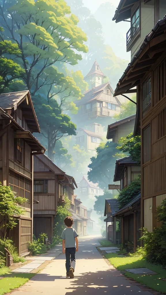 a painting of a boy walking down a path towards a house, studio ghibli & james gurney, studio ghibli artstyle, greg rutkowski studio ghibli, ghibli studio art, miyazaki's animated film, kilian eng and thomas kinkade, ghibli artstyle, studio ghibli smooth concept art, studio ghibli art style, by Miyazaki, studio ghibli concept art