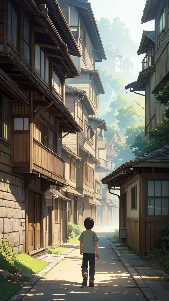 a painting of a boy walking down a path towards a house, studio ghibli & james gurney, studio ghibli artstyle, greg rutkowski studio ghibli, ghibli studio art, miyazaki's animated film, kilian eng and thomas kinkade, ghibli artstyle, studio ghibli smooth concept art, studio ghibli art style, by Miyazaki, studio ghibli concept art