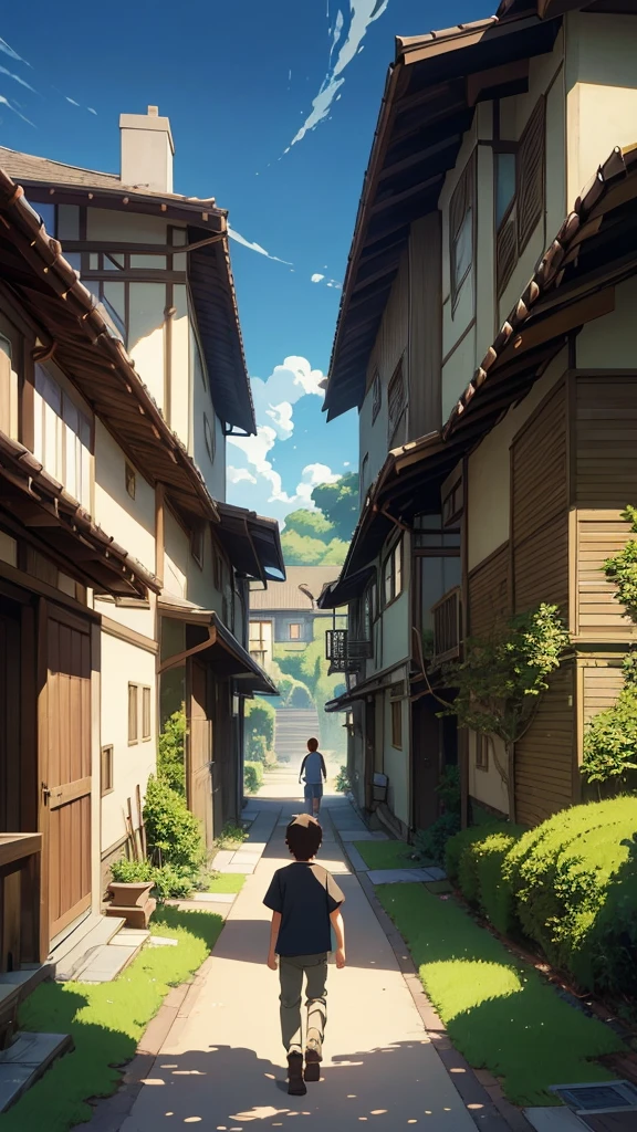 a painting of a boy walking down a path towards a house, studio ghibli & james gurney, studio ghibli artstyle, greg rutkowski studio ghibli, ghibli studio art, miyazaki's animated film, kilian eng and thomas kinkade, ghibli artstyle, studio ghibli smooth concept art, studio ghibli art style, by Miyazaki, studio ghibli concept art