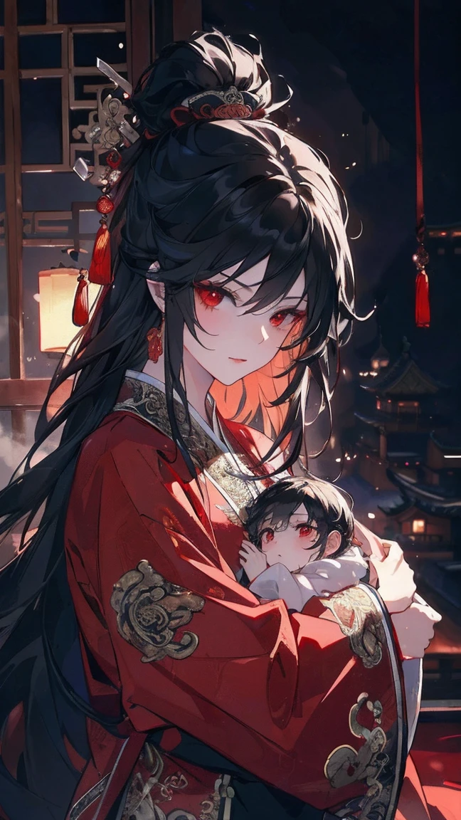 (extremely detailed 8K wallpaper),(ultra-detailed),(best quality),(masterpiece),(highly detailed),(cinematic lighting),(Original),Cold ligh,moody,(Chinese elaborate-style painting ),ink style, black hair, red eyes, holding her little baby