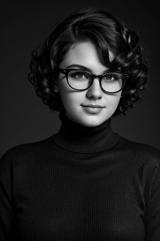 B&amp;W photo, masterpiece, Humanity, Charming chubby Russian fashion model 22 years old, Dark eyes, Sarcastic Look, glasses with lenses, ironic one-sided half-smile, very tousled dark brown tousled short hair, curly hair, black turtleneck sweater, gray background Portrait-Medium plan