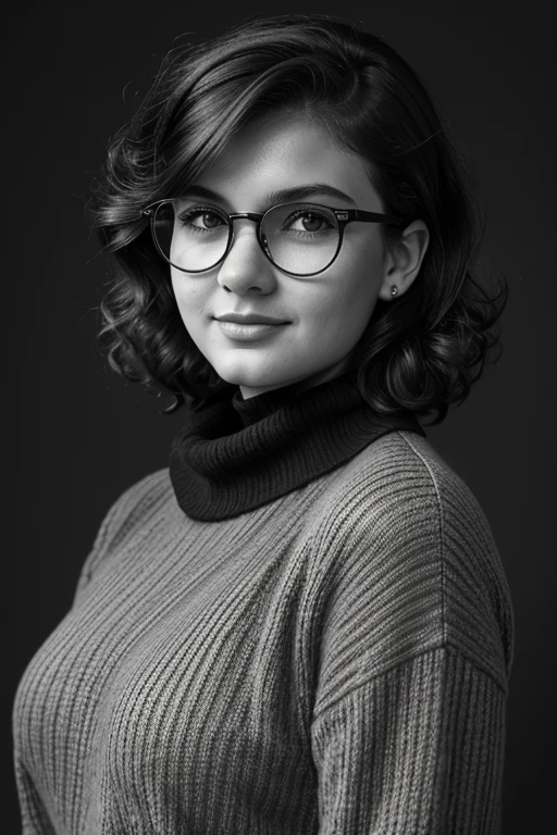 B&amp;W photo, masterpiece, Humanity, Charming chubby Russian fashion model 22 years old, Dark eyes, Sarcastic Look, glasses with lenses, ironic one-sided half-smile, very tousled dark brown tousled short hair, curly hair, black turtleneck sweater, gray background Portrait-Medium plan