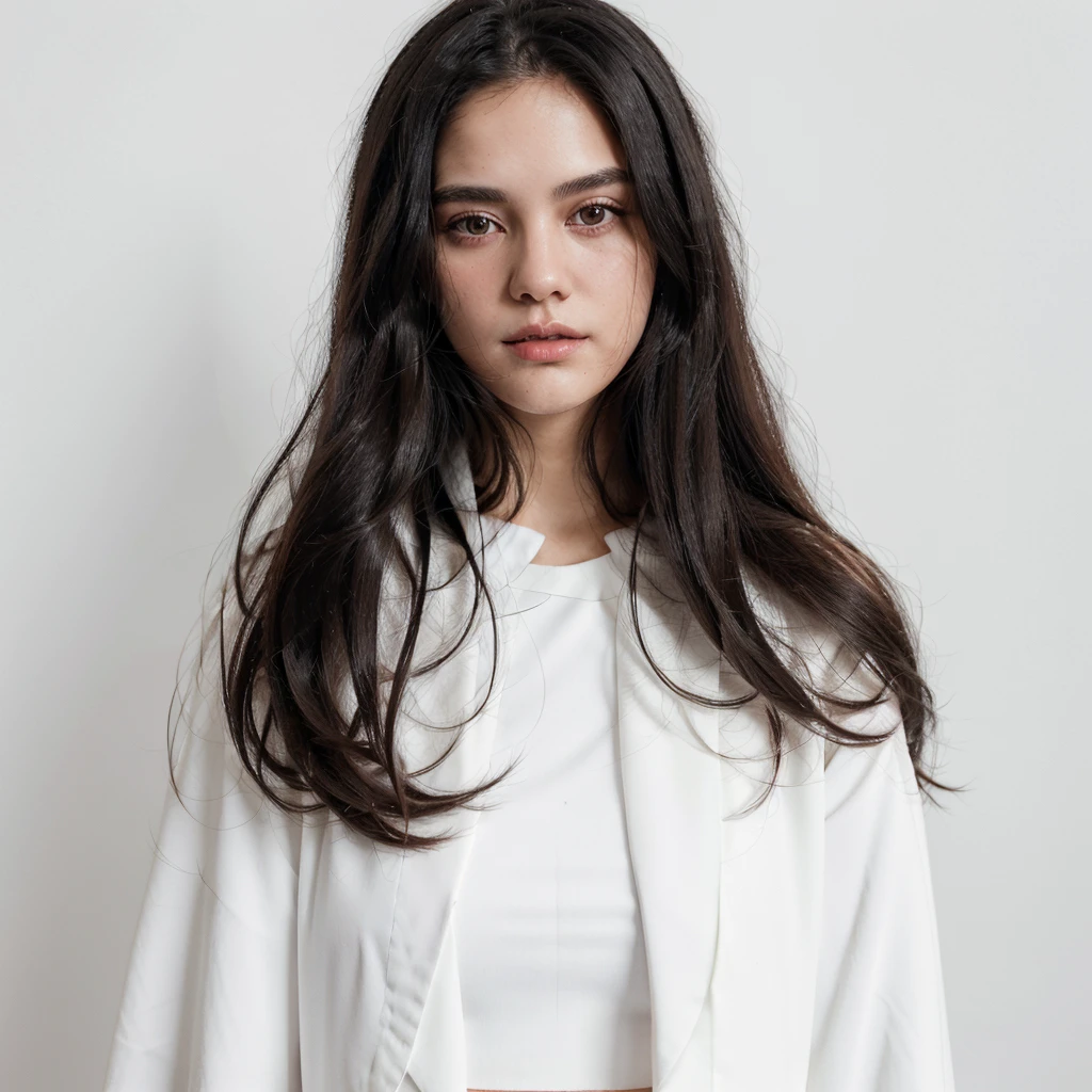 half-length shot, A woman in a white blazer, White dress, Long black hair, Subtle monochrome tone style, Shiny/Glossy solid color, Classic preppy style, Pure white background, Unique beauty, Thin face, Business pictures