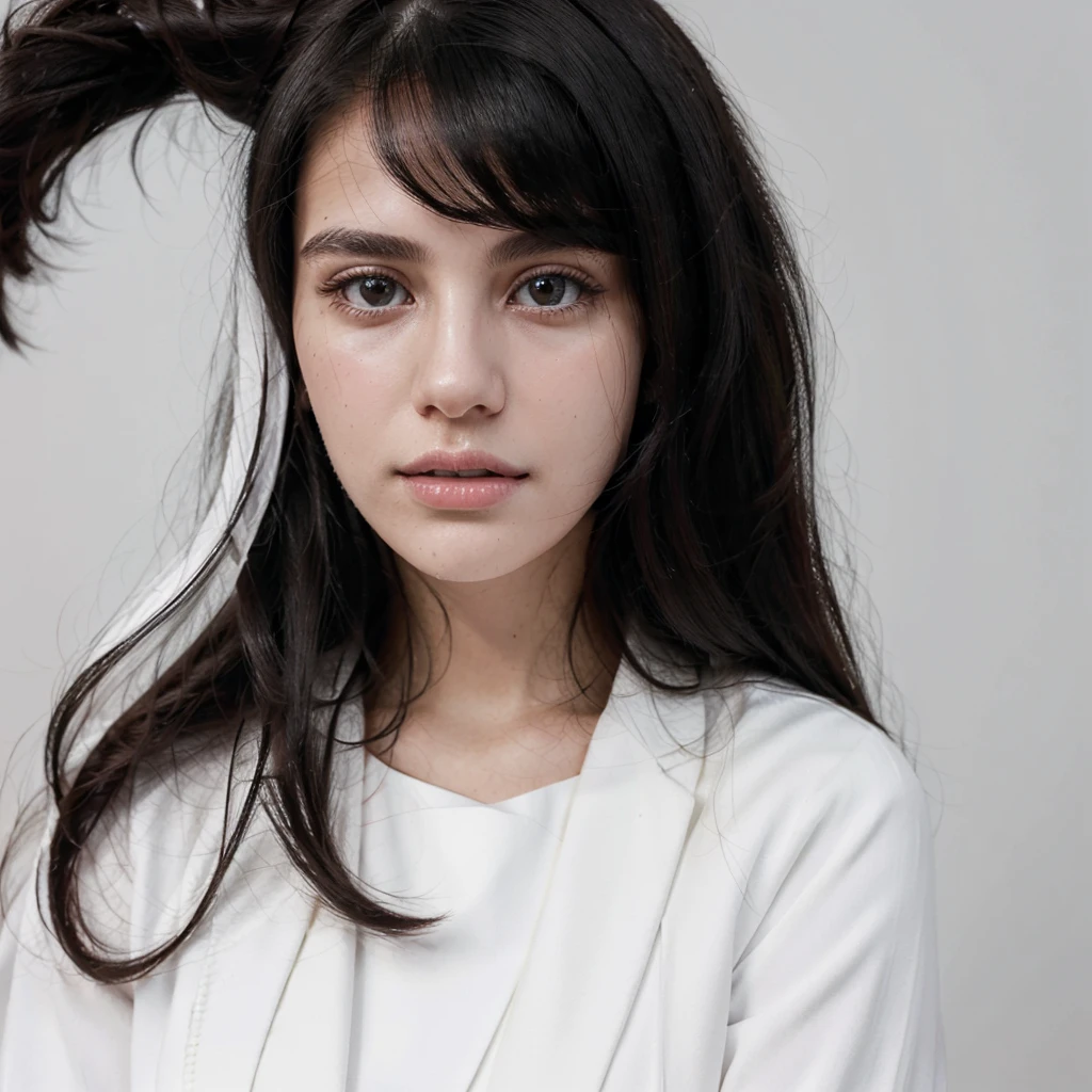 half-length shot, A woman in a white blazer, White dress, Long black hair, Subtle monochrome tone style, Shiny/Glossy solid color, Classic preppy style, Pure white background, Unique beauty, Thin face, Business pictures