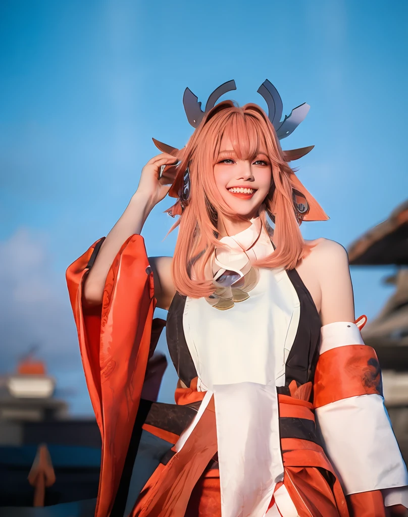 face lighting,bright backlight,big bust,ultra high resolution,World Masterpiece, best quality,picture,8k,uhd, Senji,1 woman,yae miko,alone, realistic long hair,pink hair,separated sleeves,looking at viewer, realistic jewelry,bare shoulders,japanese clothes, forehead,wide sleeves,earring,pink lips,cowboy shot, blurred background,realistic hair between eyes,shirt,purple eyes,realistic animal ears,headdress,white shirt,afternoon,sky,사실적인 thighs 끈,red skirt,fox ears,laugh,Non-traditional Miko,very long hair,floating hair,long sleeves,skirt,blue sky,thighs,